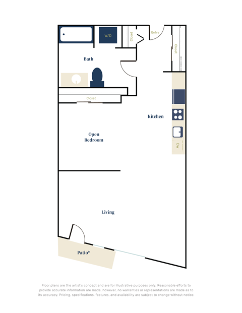 Floor plan for 1 bed, 1 bath, 714 sqft